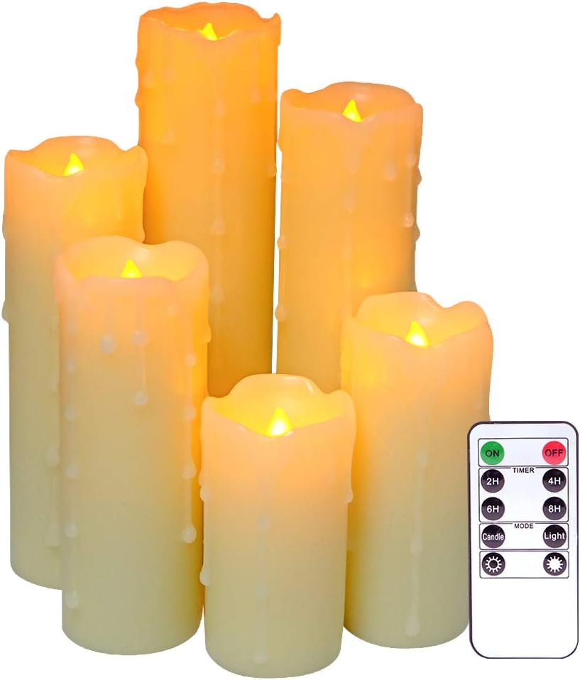 DRomance Flameless Flickering Candles Battery Operated with Remote and Timer, Set of 6 Dripping Wax LED Pillar Candles Halloween Christmas Holiday Indoor Decor(Ivory, 2.2 x 4-9 Inches)