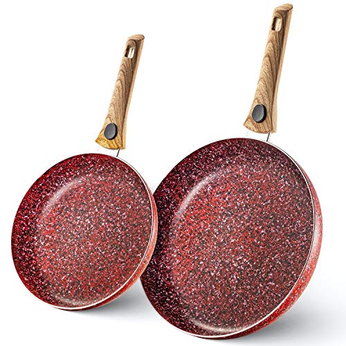 Mitbak 10 12 Inch Non-Stick Frying Pans  Red  Set Of 2 Granite Coating Nonstick Skillet with REMOVABLE Heat-Resistant Wooden Handle  Premium Cooking Kitchen Utensil  Induction Compatible