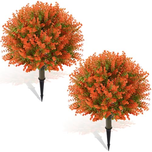 Yunlly 2 Pcs 18 Inch Fall Artificial Boxwood Ball Topiary Tree Outdoor Plants Bush UV Resistance Faux Shrub with Spike Fall Porch Decor for Indoor Garden Yard Porch Patio Decor (Orange)