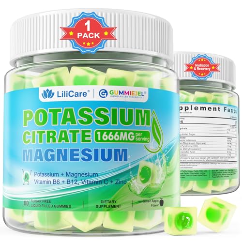 Potassium Citrate 1666mg Gummies + Magnesium Glycinate + Zinc, Potassium Supplement for Adults Women Men, Sugar Free Electrolyte Balance Gummies w/B6, B12 & C for Hydration, Leg Cramps & Energy, 60Cts