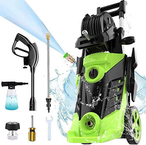 Suyncll Electric Pressure Washer, 1800W Powerful Motor Power Washer With 5 Quick Connect Nozzles, Brush, Soap Bottle, Ipx5 Design Washer For Cleaning Car/Driveway/Patio, With Hose Reel(Green) #TOP1