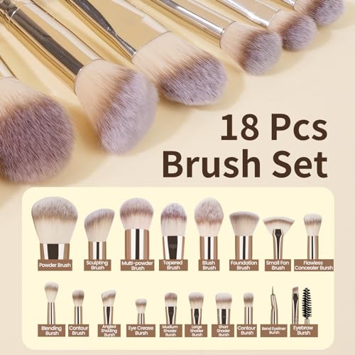 Makeup Brush Set, MAANGE 18 Pcs Premium Synthetic Makeup Brushes Soft Foundation Face Powder Eye Shadow Professional Make up Brushes Kit, Champagne, with Case