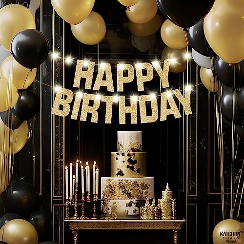 Image of KatchOn, Light Up Happy Birthday Banner - 10 Feet, 8 Modes Pre-Strung | Glitter Golden Birthday Party Decorations | Gold Birthday Decorations For Women, Men, Girls & Boys Happy Birthday Light Up Sign
