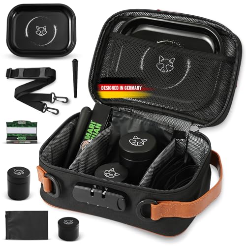 Mari & Juan Geruchsdichte Aufbewahrungstasche für Grinder und Zubehör I inkl. Grinder 3 Teilig mit Filter Tips & Blättchen I mit Zahlenkombination & Schultergurt I geeignet als Kräutermühle