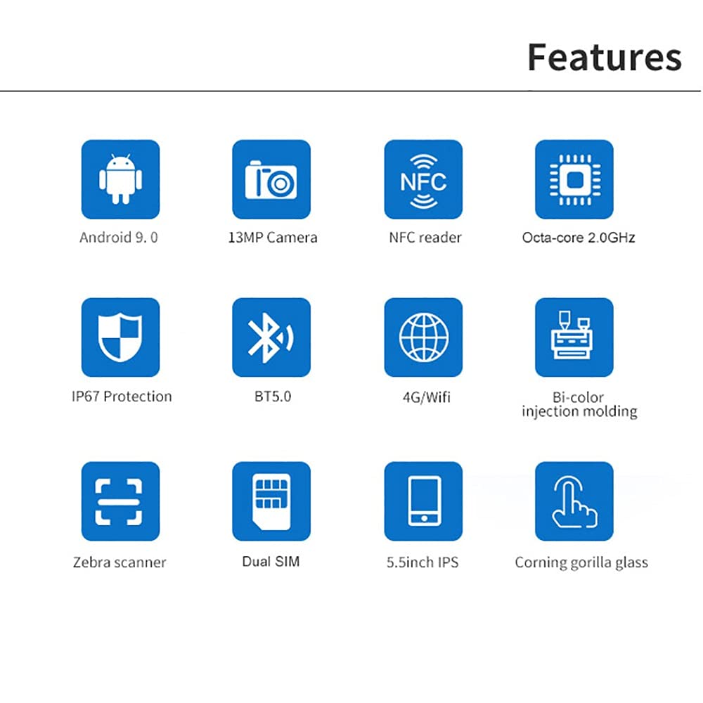 2D Handheld Barcode Scanner, with Zebra Reader, GPS NFC 13MP Wi-Fi 4G BT5.0, 5.5in Corning Gorilla Touch Screen, for Warehouse Manufacturing Inventory