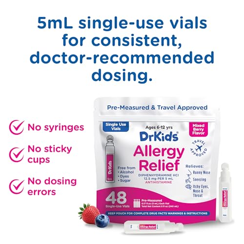 Image of Dr. Kids Children's Allergy Relief Medicine with Diphenhydramine HCl 12.5 mg - Pre-Measured Single-Use Vials, Kids Antihistamine for Sneezing, Runny Nose & Itchy Eyes, Mixed Berry Flavor, 48 Count