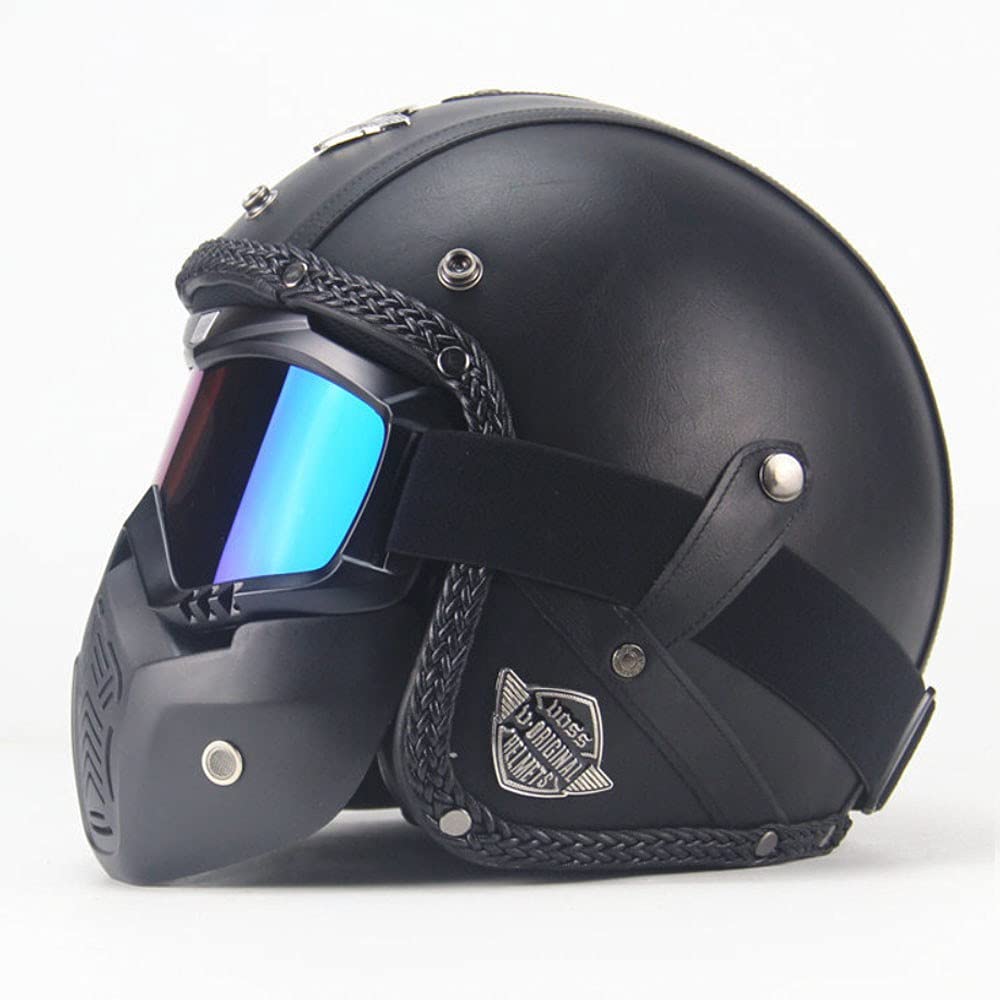 Vintage Cuero de PU Casco Moto Jet Hombre, Rétro Piloto Motociclist Casco Abierto con Visera Gafas Máscara, ECE Homologado Casco Moto para Mujer y Hombre Adultos M~XXL