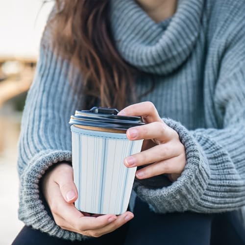 Image of Reusable Insulated Sleeve for Iced Coffee Cup, Coffee Neoprene Sleeve for Cold & Hot Drinks, Beverage Holder for Iced Coffee (Blue Lines, Small: 16-18oz)