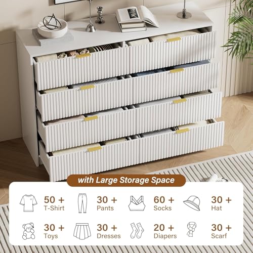 Image of Furniway Modern White 3-Piece Dresser Bedroom Set, Fluted Wood 8 Drawer Dresser with Gold Handles and 2 Drawer Nightstands, Chest of Drawers for Bedroom, Living Room, Entryway