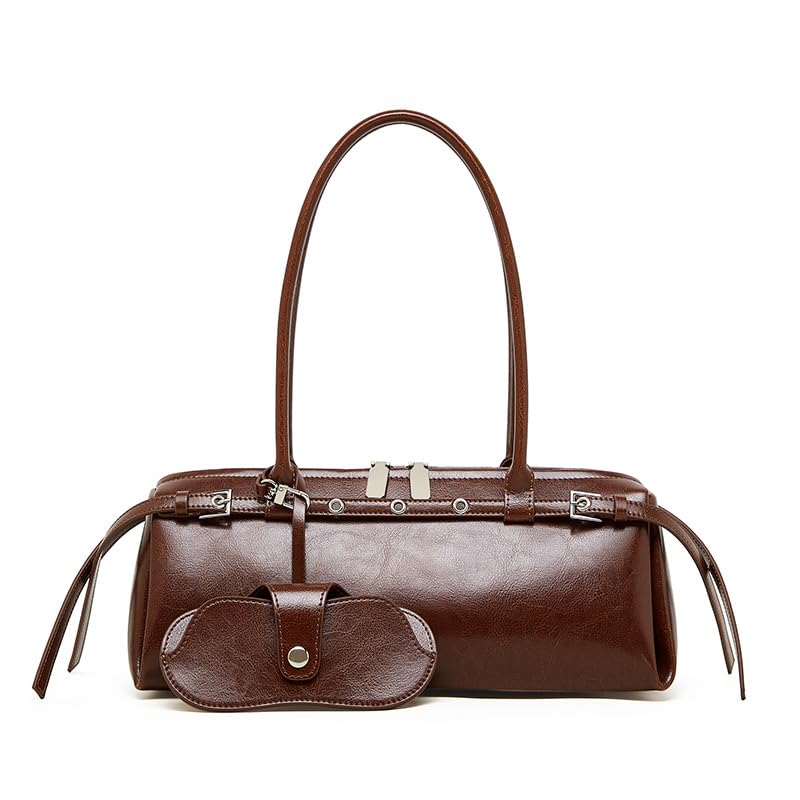 Genuine Leather Shoulder Bag for Women, Vintage Cowhide Bowler Bag Top Handle Bag with Eyeglass Case