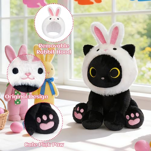 Image of Black Cat Plush with Removable Bunny Hood - Cute Stuffed Animal | Kawaii Soft Toy for Kids Toddlers, Birthday Gift for Boys Girls, Party Favors