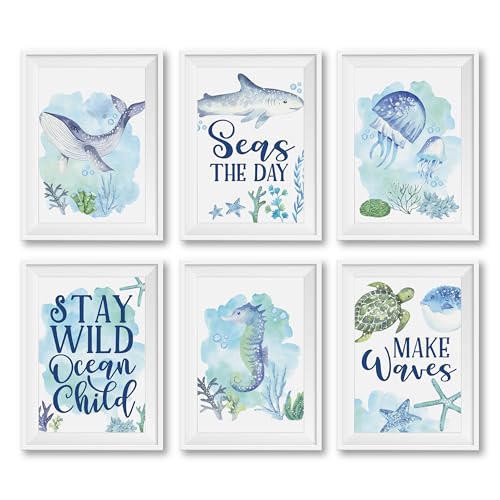 Image of Hadley Designs 6 Ocean Wall Decor - Beach Room Decor for Toddlers, Shark and Whale Pictures Wall Decors for Kids, Reversible Unframed Ocean Art for Kids Bedroom, Made in USA