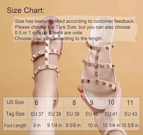 Image of Women Flats Sandals, Studded Jelly Shoes Size 9 Red Dressy Summer Beach Rivets Strappy Jellies Slide Slip On Open Toes