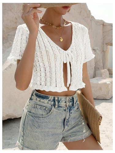 SHENHE Women's Short Sleeve Tie Front Knit Cropped Sweater Lightweight Summer Cardigan Knitwear2