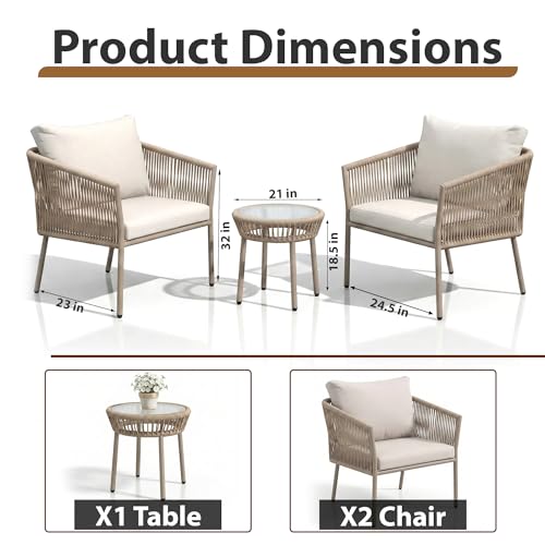 Image of OUTLIVING Braid & Rope Garden Patio Seating Chair and Table Set Outdoor Balcony Garden Coffee Table Set Furniture with 1 Table and 2 Chairs Set with Cushion (Beige and White), 61 cm, 81.3 cm