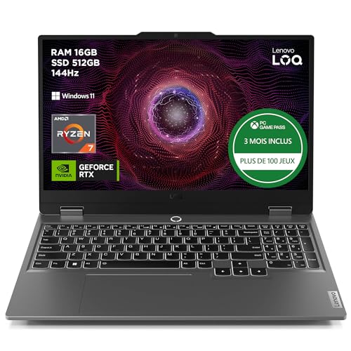 Lenovo LOQ 15AHP9 - Ordinateur Portable Gaming 15.6'' FHD 144Hz (AMD Ryzen 7 8845HS, RAM 16Go, SSD 512Go, NVIDIA GeForce RTX 4050-6GB, Windows 11 Home) Clavier...