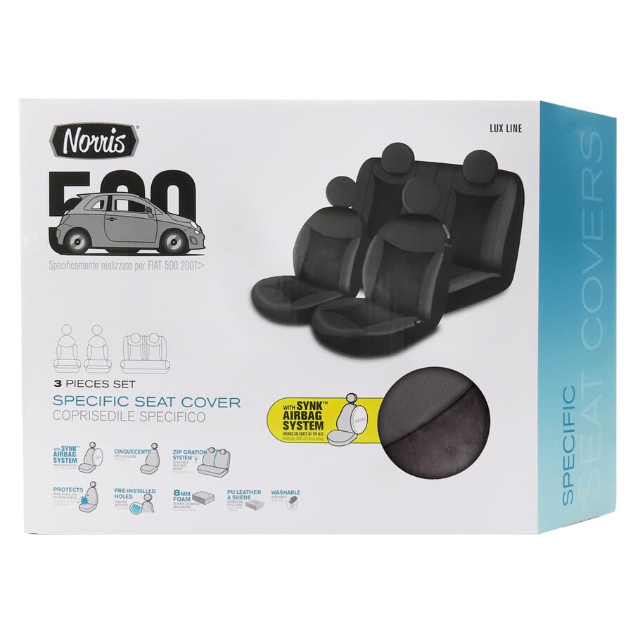 Norris F500-LUX Set Coprisedili su Misura per Fiat 500 2007-2020 Anteriori e Posteriori | Nero | Pelle Sintetica | Lavabile | Airbag | Schienale Divisibile | Protettori da Macchie e Peli di Animali