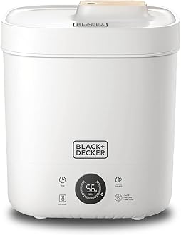 BLACK+DECKER Digital Humidifier, 110W 4L Capacity for Large Rooms up to 40m2, Touch Control, LED Display, Warm Mist, Auto Shutoff, Easy Clean Square Tank, Modern Wooden Finish, White - HM4250-B5