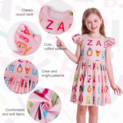 WonderBabe Toddler Kids Back to School Dress First Day of School Outfits for Girls Summer Casual Flutter Sleeve Ruffle Printed Dresses Size 6-74