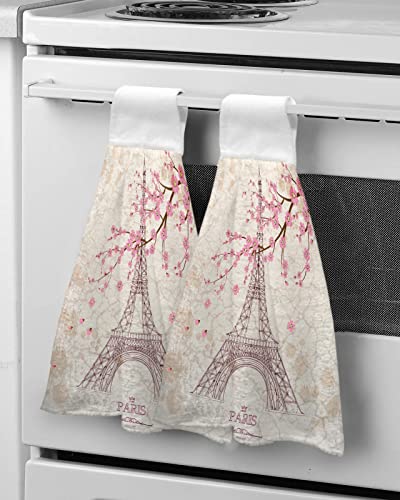 Museday Hand Towels For Bathroom Kitchen Absorbent Dish Towels Romantic Sakura Paris Tower Beautiful City Abstract Art Decorative Hanging Hand Towels Set Soft Tea Bar Tie Towel Washcloth #TOP4