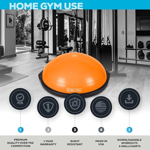 Image of Bosu Balance Ball Exercise Trainer, Home Gym Equipment w /Guided Workouts & Pump, 26 inch Inflatable Fitness Platform for Strength Training, Standing, Balancing, and Core Workout