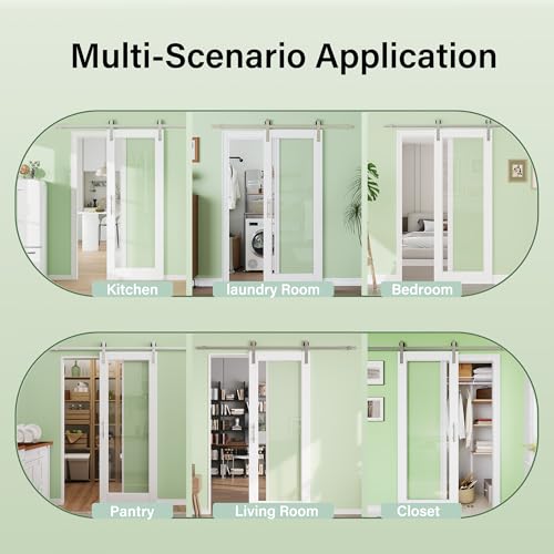 Image of 18 inch x 80 inch 1-Lite Solid Core MDF Panel Barn Door with Trimmable 72 inch Track Kit, Paintable Sliding Barn Doors for Closet Kitchen Bedroom Excellent Sound & Thermal Insulation, Nickel-Plated Hardware Kit