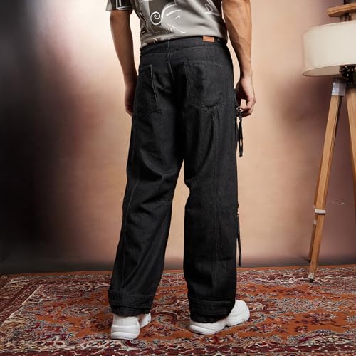 Image of CAHOOT Men Denim Jeans - Relaxed Fit Mid Rise Solid Pattern - 100% Cotton Dark-Wash Denim with Turned-Up Cuffs & Six Pockets for Casual & Street Wear