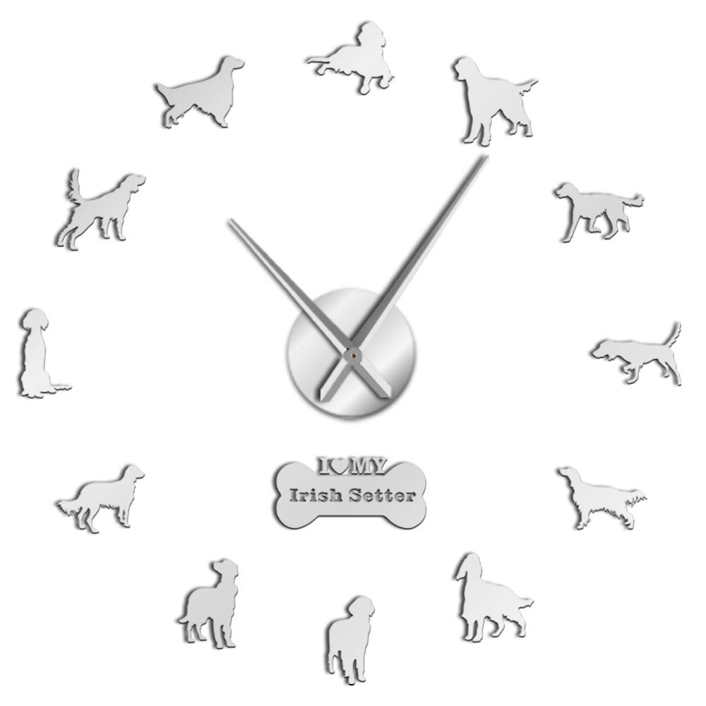 Horloge murale géante sans cadre design setter irlandais de 37 pouces couleur argent