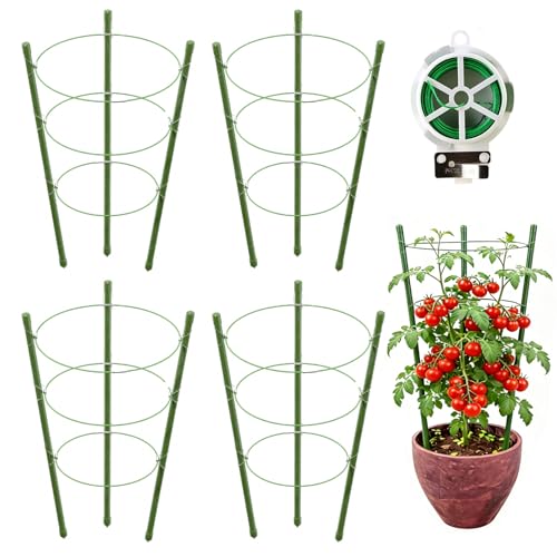 JCKHXG 4 Pack Tomato Cage 18 inches Plant Support Cages for Garden Upgrade Garden Plant Stakes with Adjustable Rings Plants Trellis for Tomato Flower Climbing Plants with Twist Tie