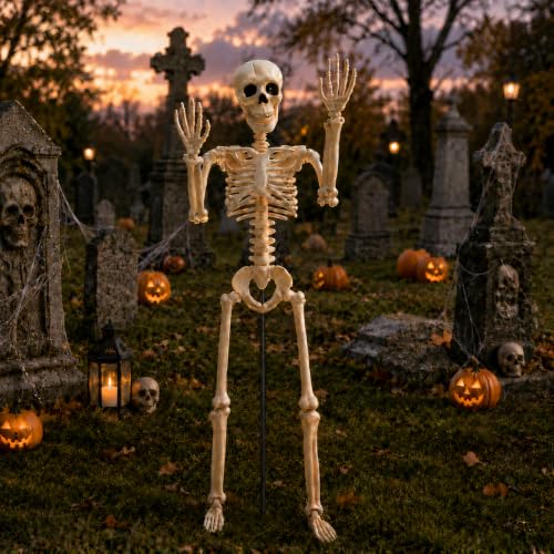 36" Halloween Skeleton with Metal Stand, Poseable Full Body Skeleton Decoration for Outdoor Yard, Garden, Porch, Indoor Haunted House, Movable Joints Human Bones Halloween Party Decor (1 Pack ) - image 5