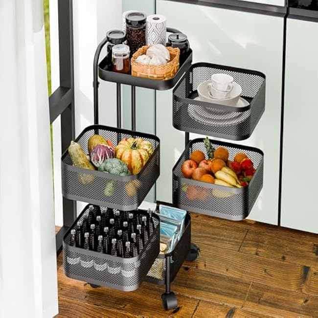 3/4/5 Tiers Kitchen Storage Cart,Rotating Trolley,Square Kitchen Trolley,Bathroom Shelf,Vegetable Storage Organizer,Fruit Basket Floor Stand Shelf & Tower for Living Room Office Four Layer-ttxaQ9X5