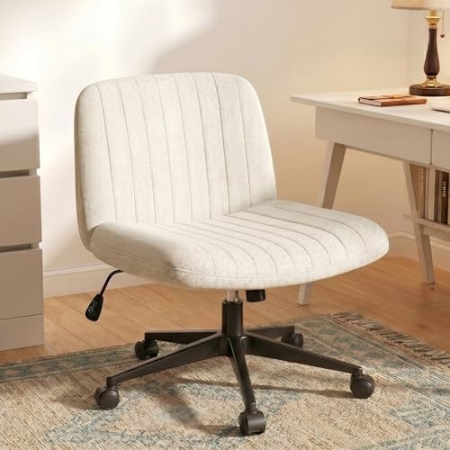 Image of Criss Cross Chair with Wheels, Cross Legged Office Chair, Armless Office Chairs Adjustable Height Swivel Tilting Fabric Vanity Chairs for Home Bedroom (Beige)