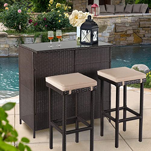 Omelaza 3-Piece Patio Bar Table Set Outdoor Wicker Bistro Set - Glass Bar and Two Stools with...