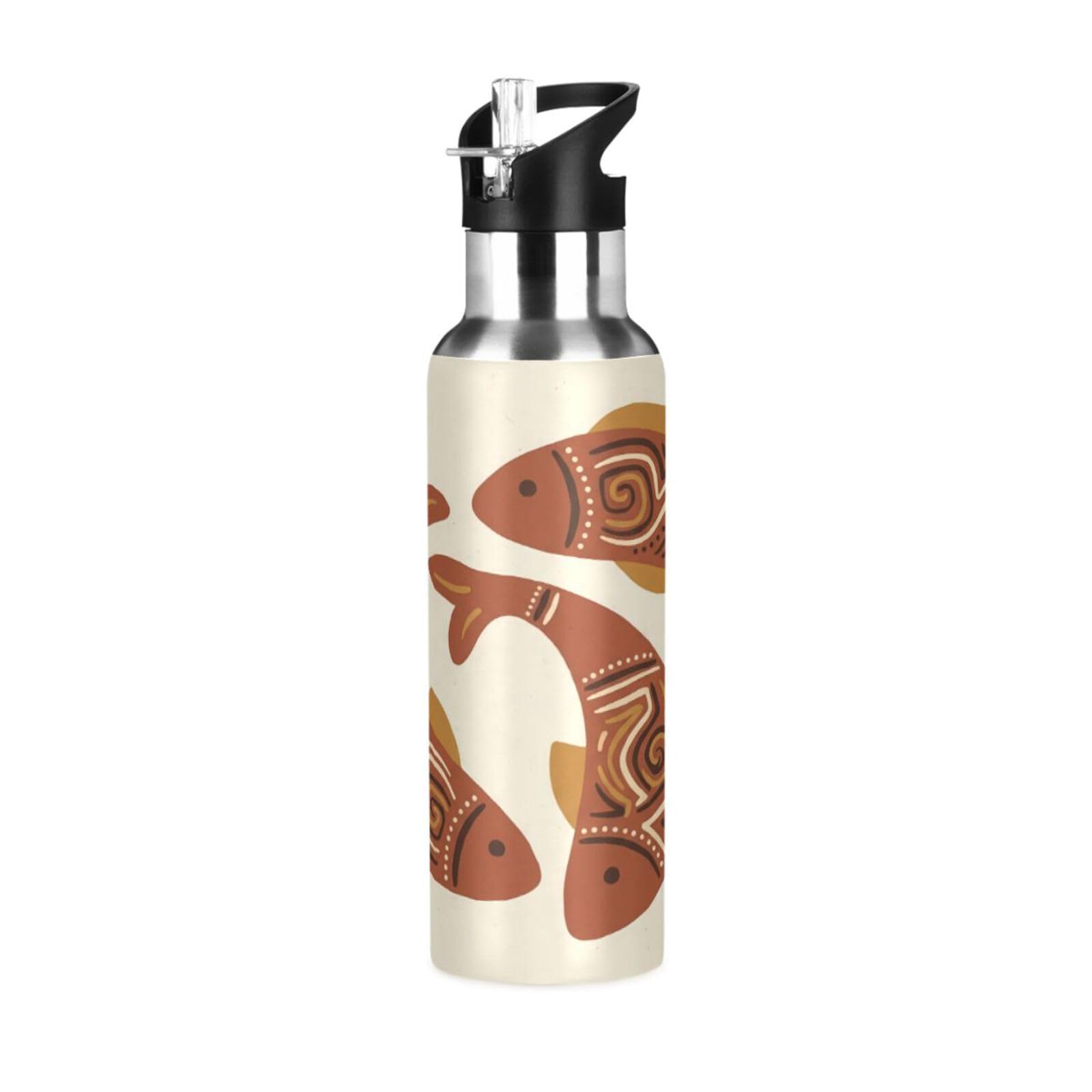 BOESI Tribal Sardine Art Print Insulated Water Bottle 600ml, Stainless Steel Vacuum Sports Bottle with Straw, Leak Proof Thermal Bottle for Gym Travel Outdoor