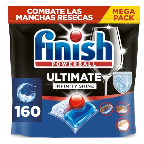 Finish Powerball Ultimate Infinity Shine, pastillas para el lavavajillas con poder quitagrasas y protección del cristal, aroma limón, 2 packs de 80, total 160 Pastillas