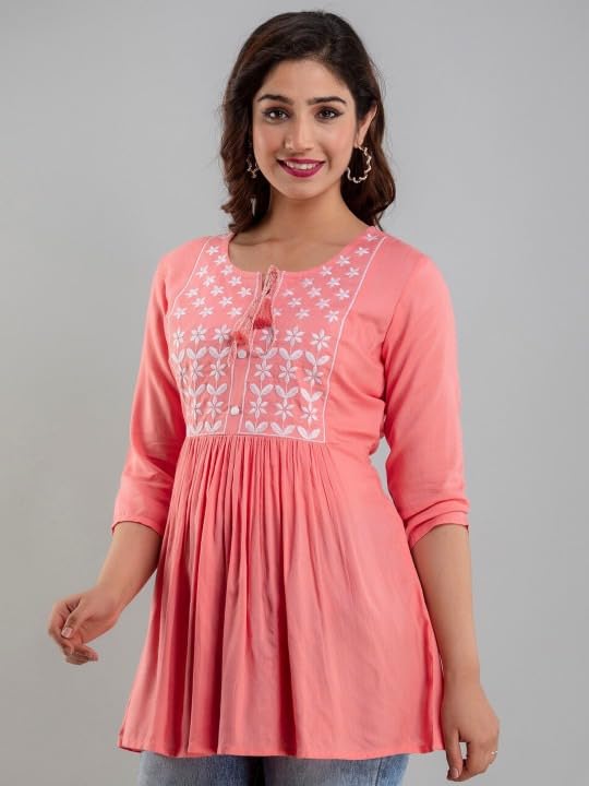 Image of Avayayat Women's Rayon Classic Heavy Embroidery Top with Beautifull Tassels at Front and on Both Sleeves Regular Fit Office Wear Festival Tunic Jeans Summer