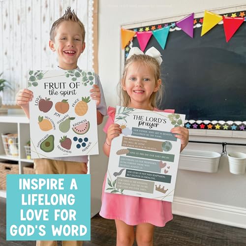 Image of Hadley Designs Sunday School Decorations for Classroom -9 Bible Posters for Kids, Books of the Bible, 10 Commandments, Bible Timeline Chart, Fruits of the Spirit, Greenery Christian Classroom Decor