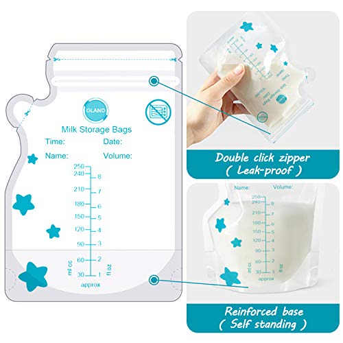 GLAND Breastmilk Storage Bags Easy Pour Spout 100 Count, Pre-Sterilized BPA Free Ready to Use Double Zipper Seal Bags for Pumping Freezing and Feeding milk Self-Standing Flat Profile Space Saving 8 oz - Thumbnail 2