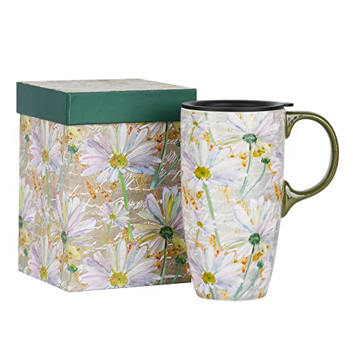 Topadorn Ceramic Travel Mug with Lid Coffee Mug with Gift Box Latte Mug Coffee Cup, 17oz Large Capacity Mug Home Office Gift, Daisy
