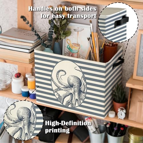 Image of Coastal Beach Octopus Storage Bins Box with Handles, Blue Striped Beachy Ocean Octopus Marine Biology Collapsible Basket Organizer for Bedroom Bathroom Books Clothes