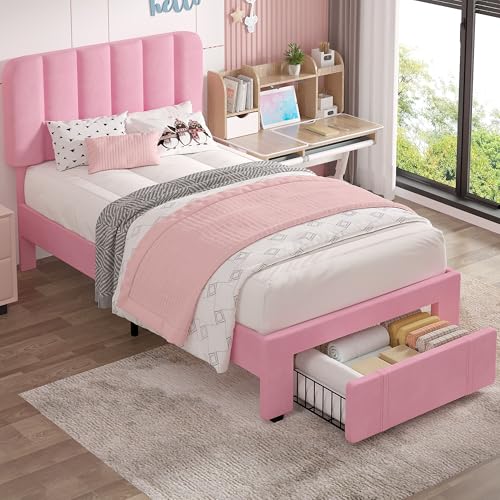 Image of VECELO Twin Size Upholstered Bed Frame with Drawer and Headboard, Velvet Platform Storage Bedframe, Wooden Slats Support, No Box Spring Needed,Pink