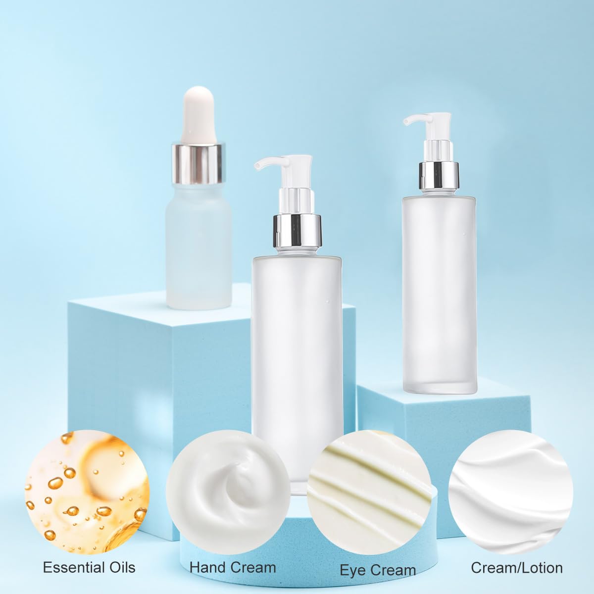 2 flaconi vuoti in vetro smerigliato da 120 ml, dispenser per lozioni, sapone, cosmetici, cosmetici, essenze, oli essenziali, campioni, contenitori per imballaggio, fiale (testa argentata)