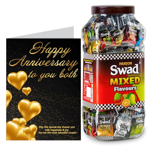 Image of Swad Happy Anniversary Friends Gift with Card (Swad Mixed Flavours Candy 200 Jar & 1 Greeting card) 2 units