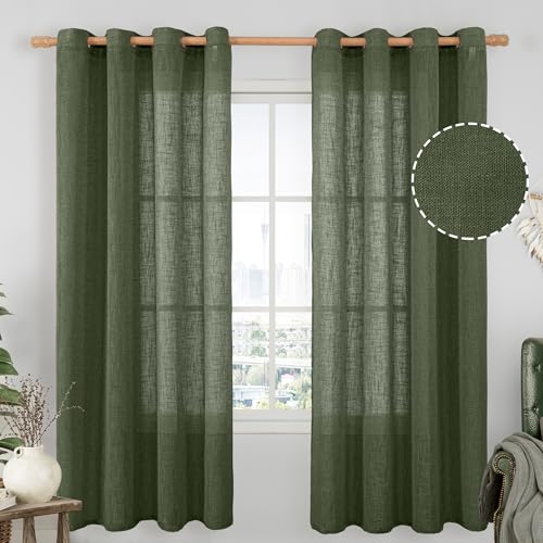 Image of LAMIT Olive Green Linen Curtains 72 inches Long for Living Room, Soft Thick Semi Sheer Light Filtering Bronze Grommet Window Treatments Neutral Drapes for Bedroom, 2 Panels Set, 52 x 72 Inch