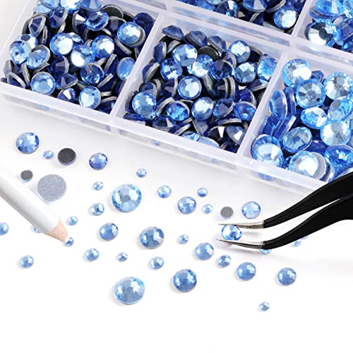 Image of 6736pcs Hotfix Rhinestones Flatback,Blue Rhinestones for Crafts Clothes Mixed 5 Sizes, Hotfix Crystals with Tweezers and Wax Pencil Kit, SS6-SS30,Lt.Sapphire