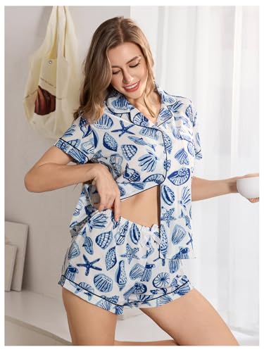 Image of MakeMeChic Women's 2 Piece Pajama Set Graphic Short Sleeve Button Down Shirt and Shorts Set Sleepwear