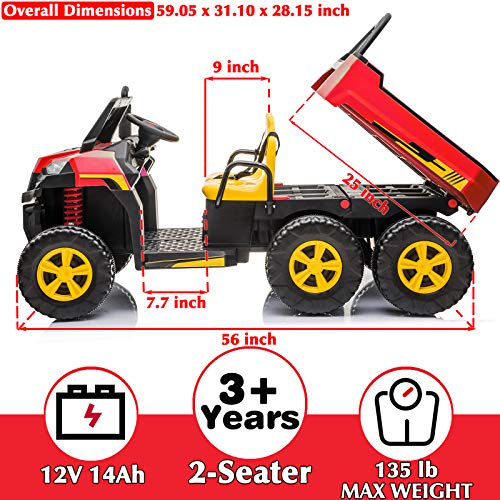 sopbost Ride on Dump Truck 12V 14Ah 4WD Battery Powered Ride On Car with Remote Control 2 Seater Electric Ride on Toys Truck for Kids Boys Girls, Music Play, Bluetooth, Red