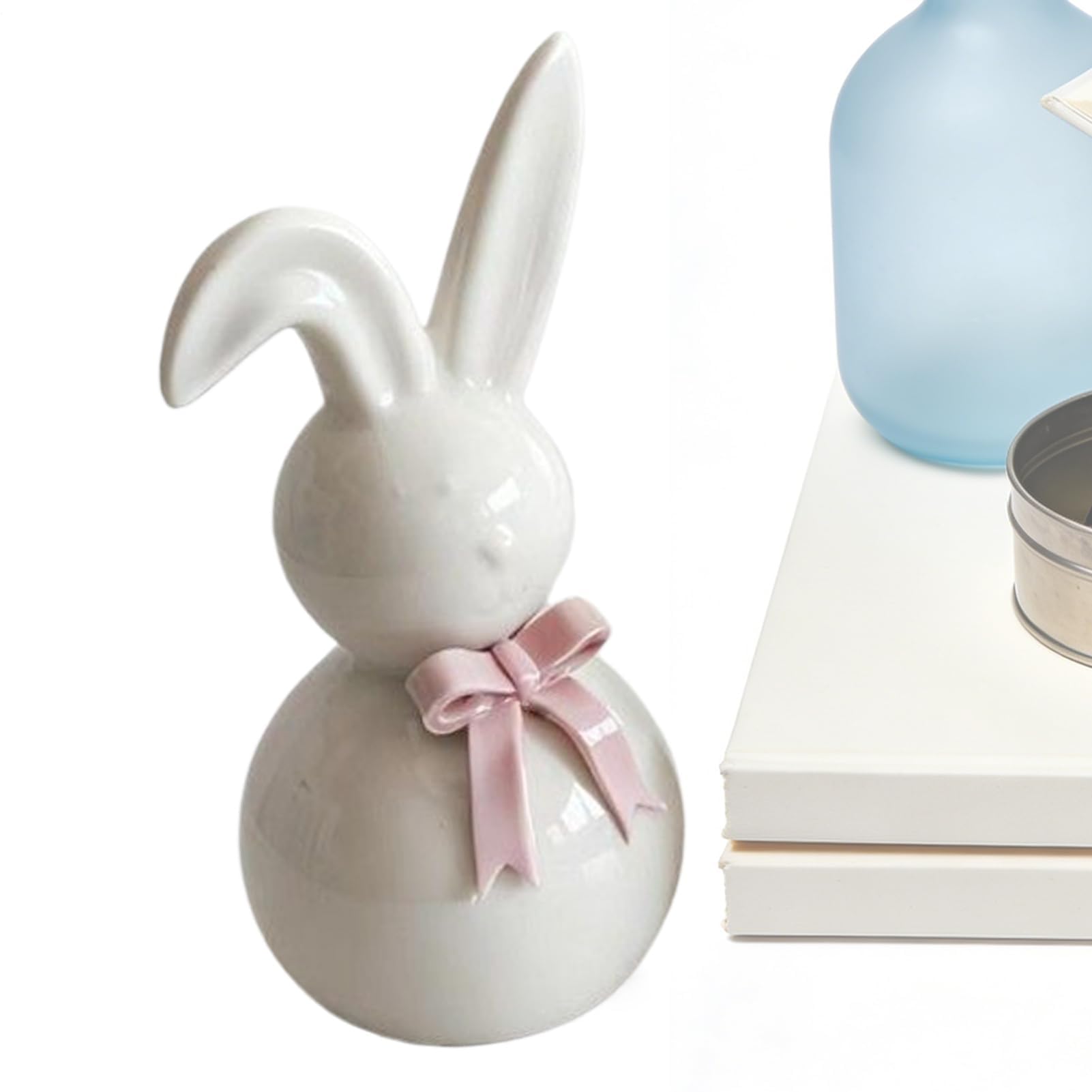 Ceramiczna ozdoba wiosennego króliczka wielkanocnego, rzeźba na świąteczny stół, urocza figurka z kokardką z wykończeniem | Dekoracyjny akcent dla domu, szkoły, mieszkania