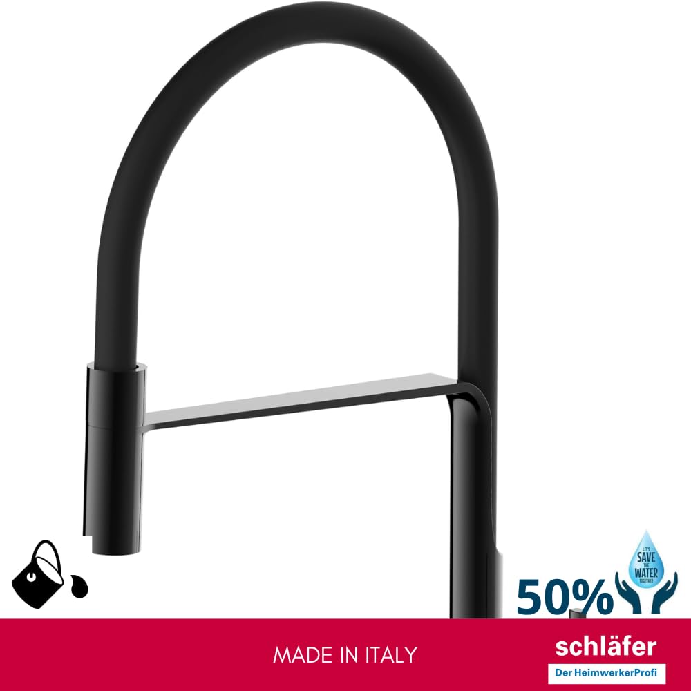 Schläfer 35406520 | Mezclador fregadero cocina negro brillante, boca giratoria 360°, grifo cocina profesional con alcachofa orientable, grifo fregadero con ducha serie Move de latón