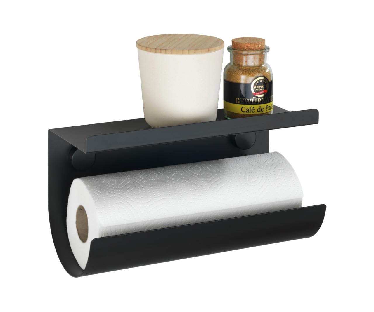 Portarrollos de cocina negro con soporte Static-Loc® Plus y estante